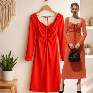 🛍️ H&M Orange Halterneck Bodycon Cut Out Ribbed Midi Dress Size Medium